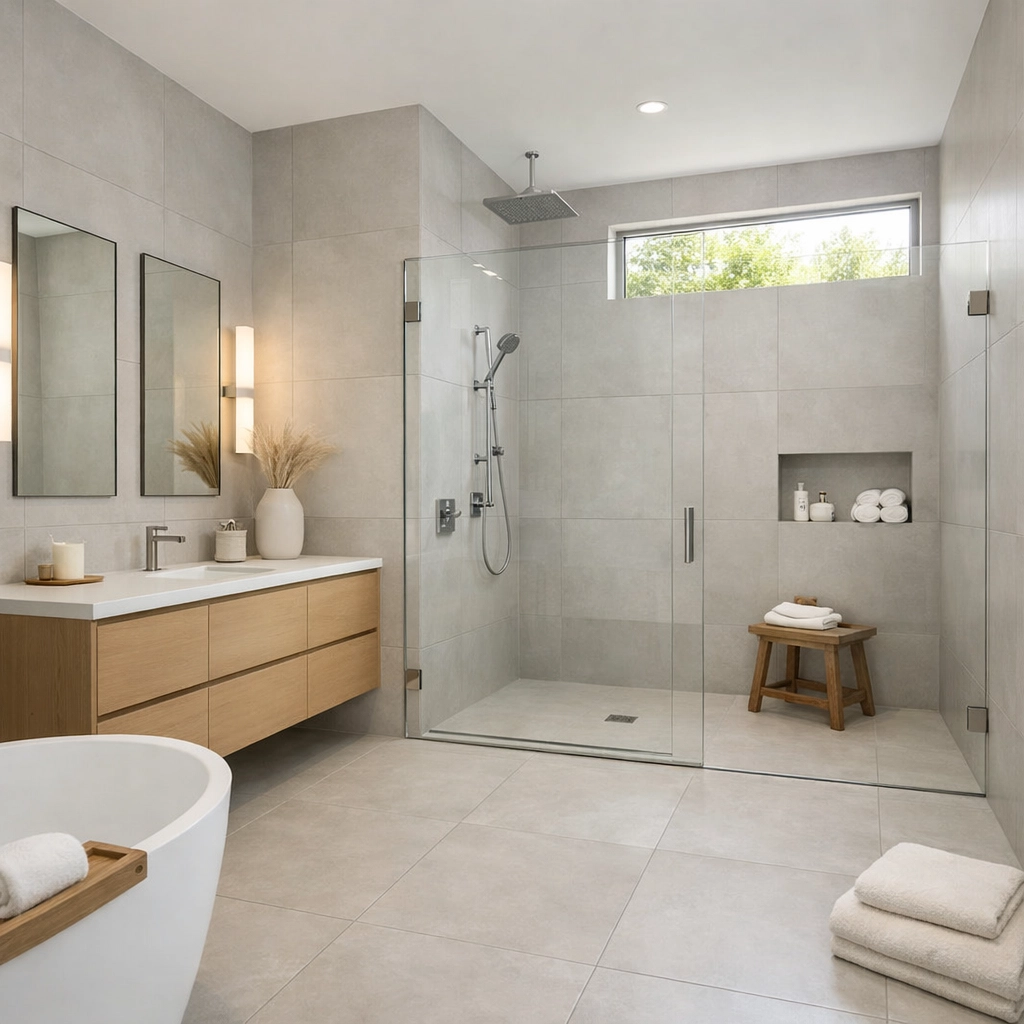 Monochromatic spa bathroom design with gray large-format tiles, glass shower, and wood vanity