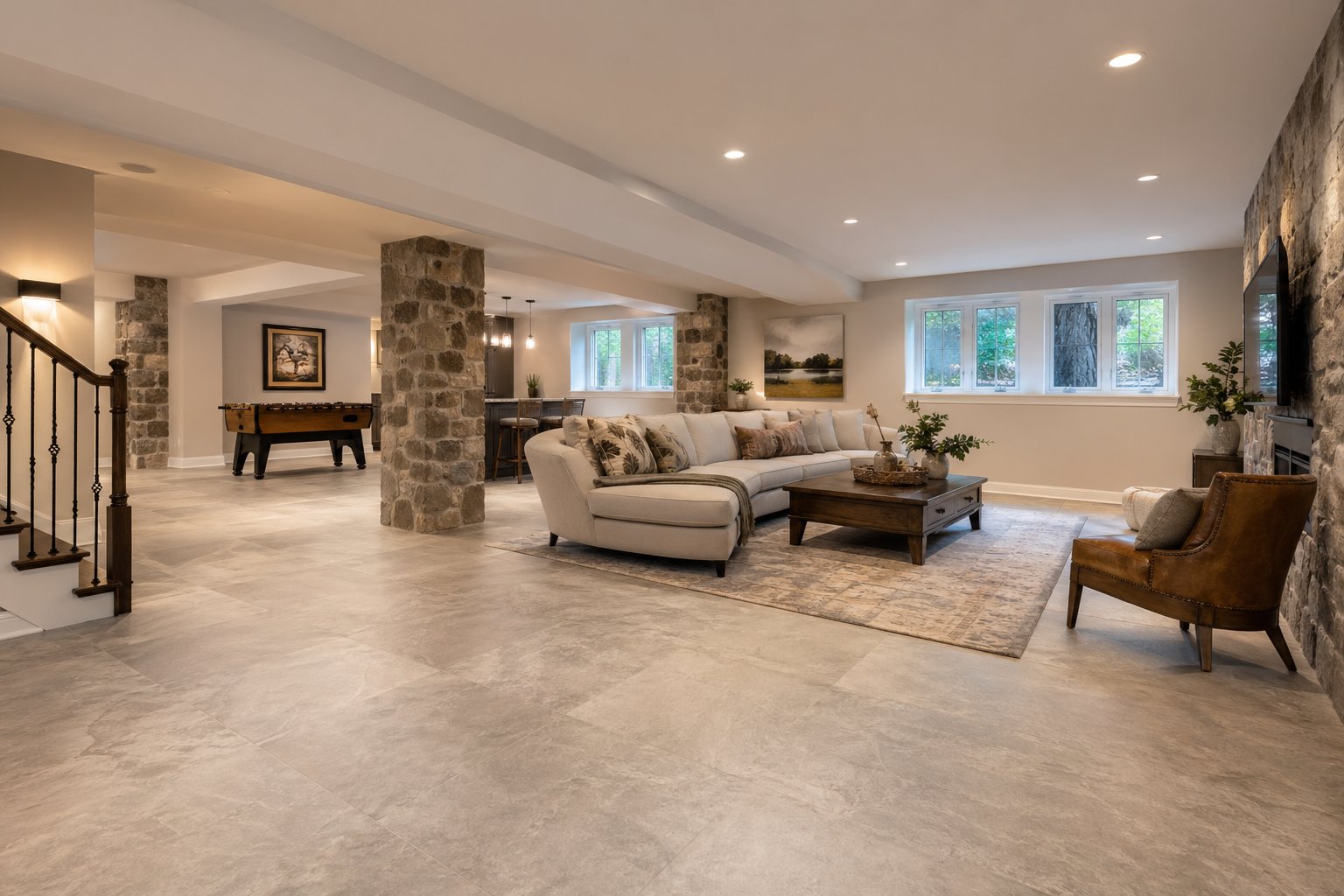 Beautifully finished basement with large-format porcelain tile flooring and stone columns in a Chester County PA home