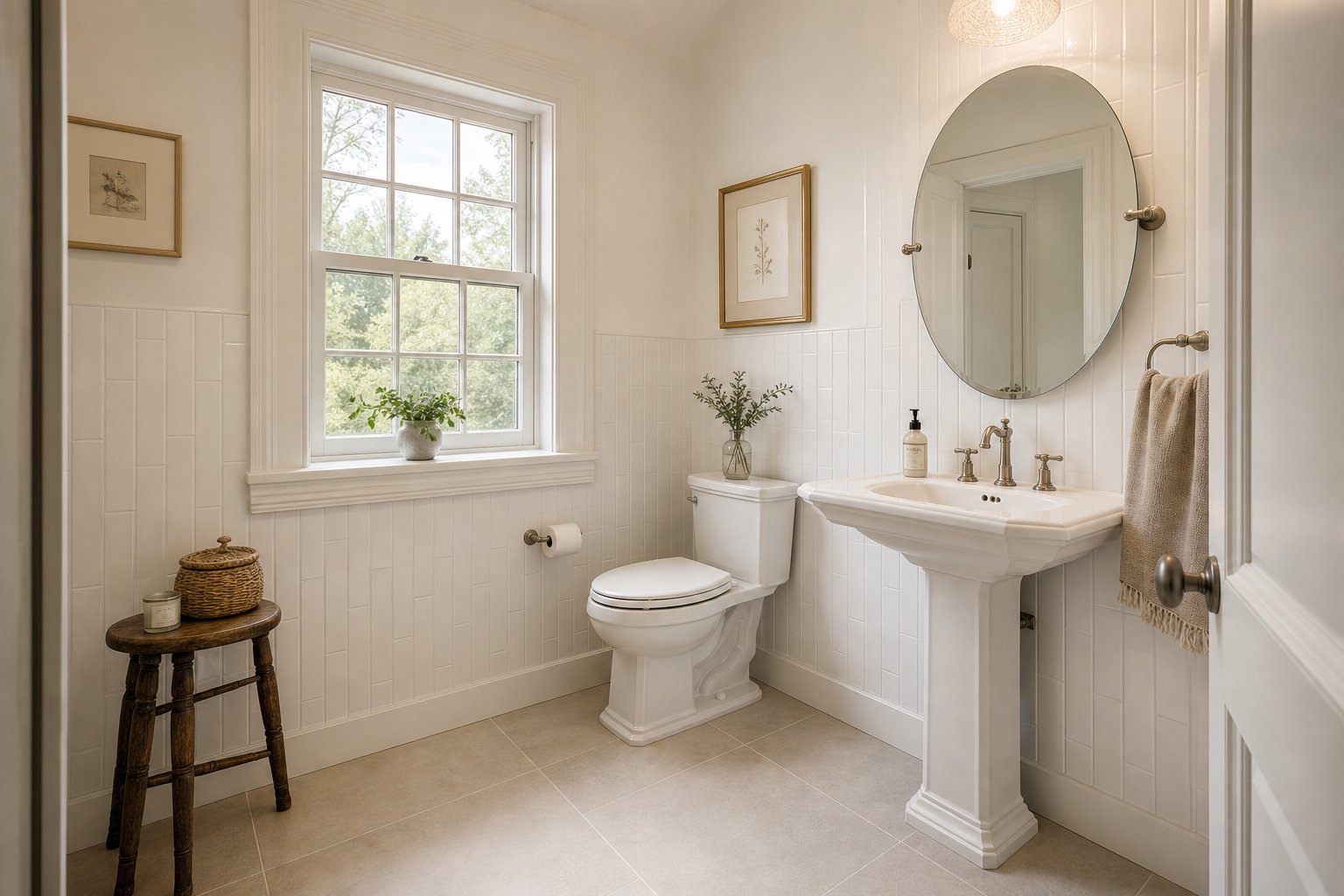 Guest bathroom tile renovation Chester County PA — warm cream porcelain floors and white vertical subway walls