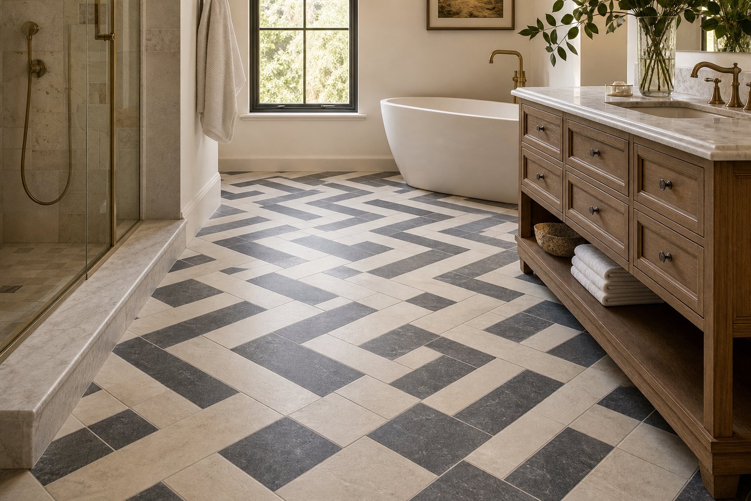 Herringbone tile pattern bathroom floor Chester County PA — cream and charcoal porcelain tiles