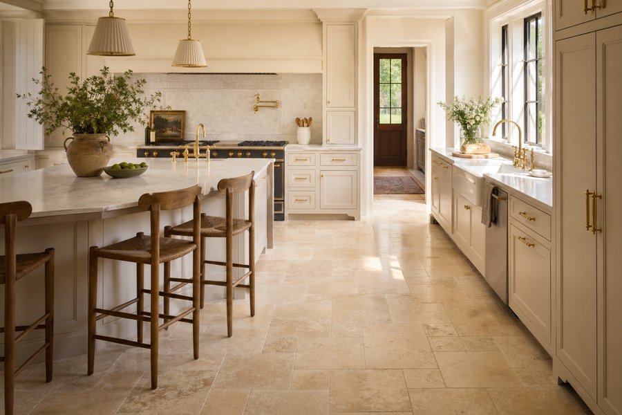 Natural stone tile floor in bright Chester County Pennsylvania kitchen