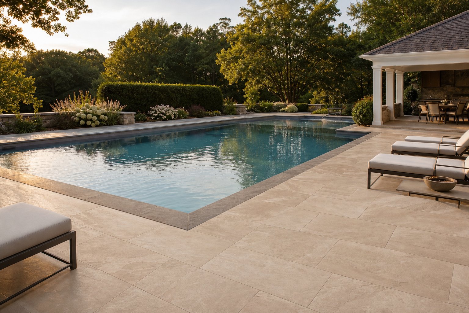 Elegant porcelain tile pool deck with cream and grey tones in Chester County PA backyard