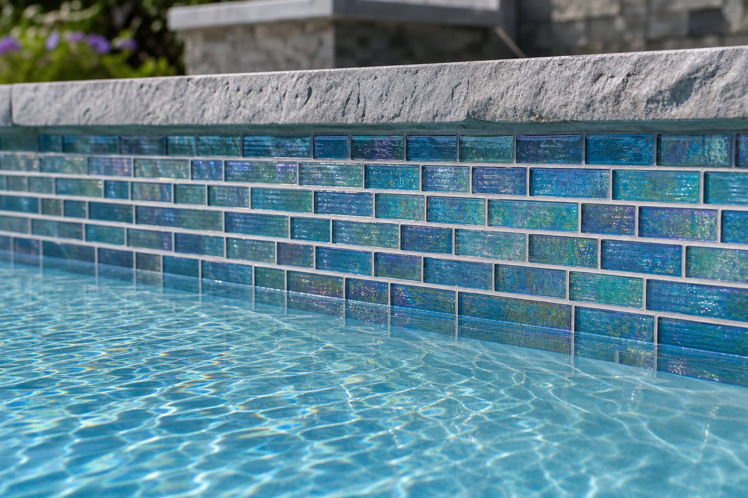 Glass mosaic waterline tile accent band in blue and teal on swimming pool