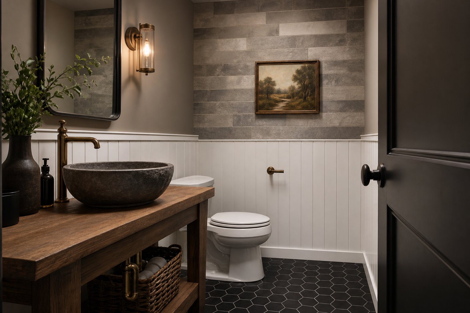 Dark hex mosaic floor tile with stone-look wall tile and vessel sink in Chester County powder room
