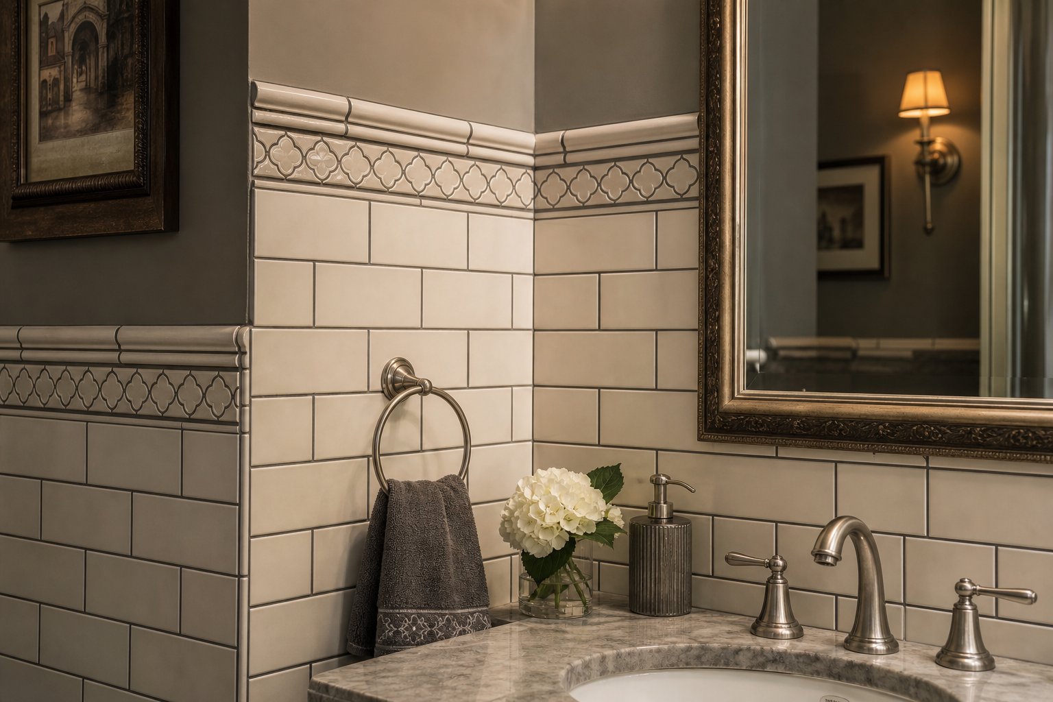 Subway tile wainscoting with arabesque border tile detail in Chester County PA powder room installation
