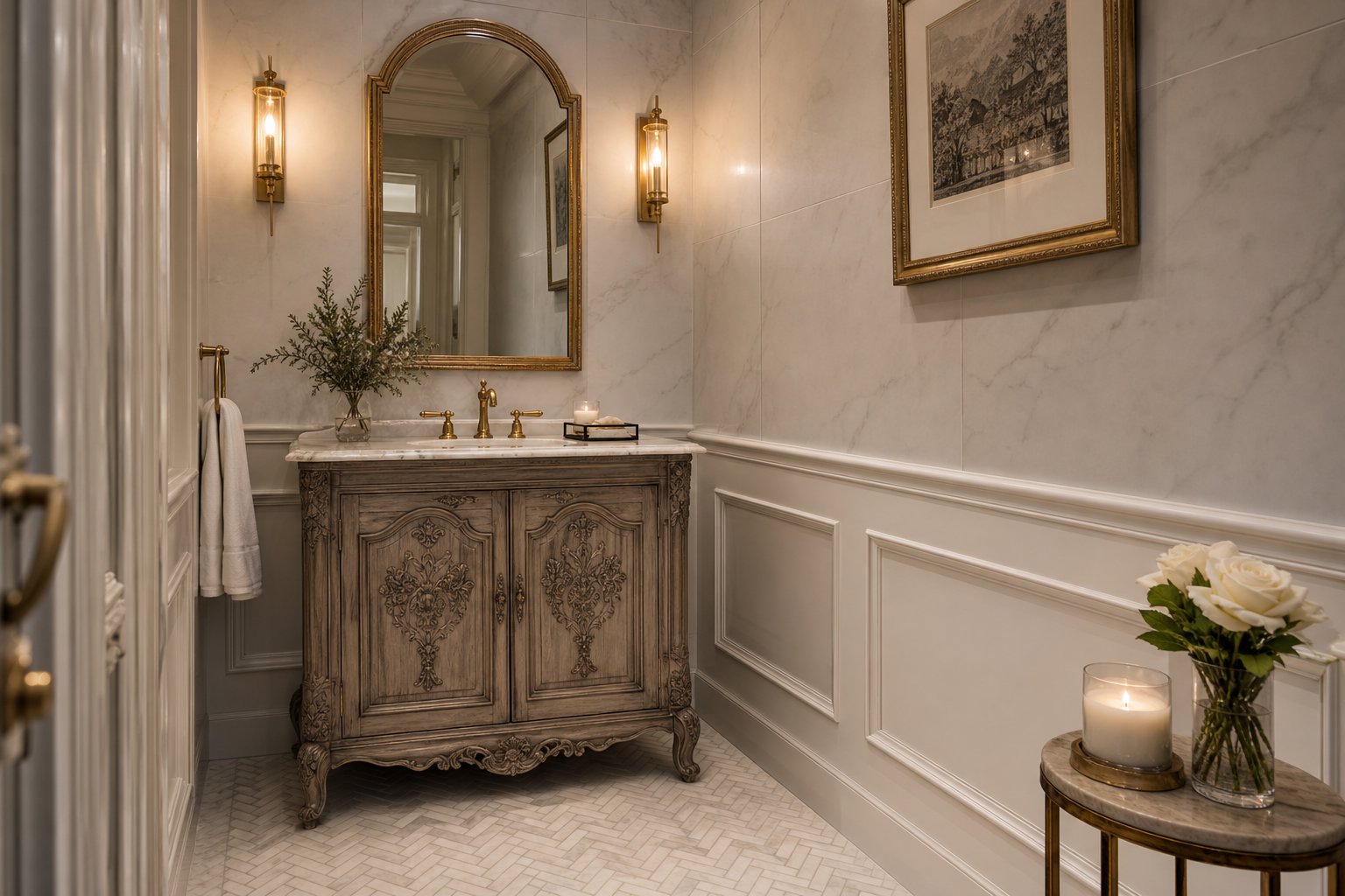 Elegant powder room tile installation Chester County PA with marble-look porcelain walls and herringbone floor tile