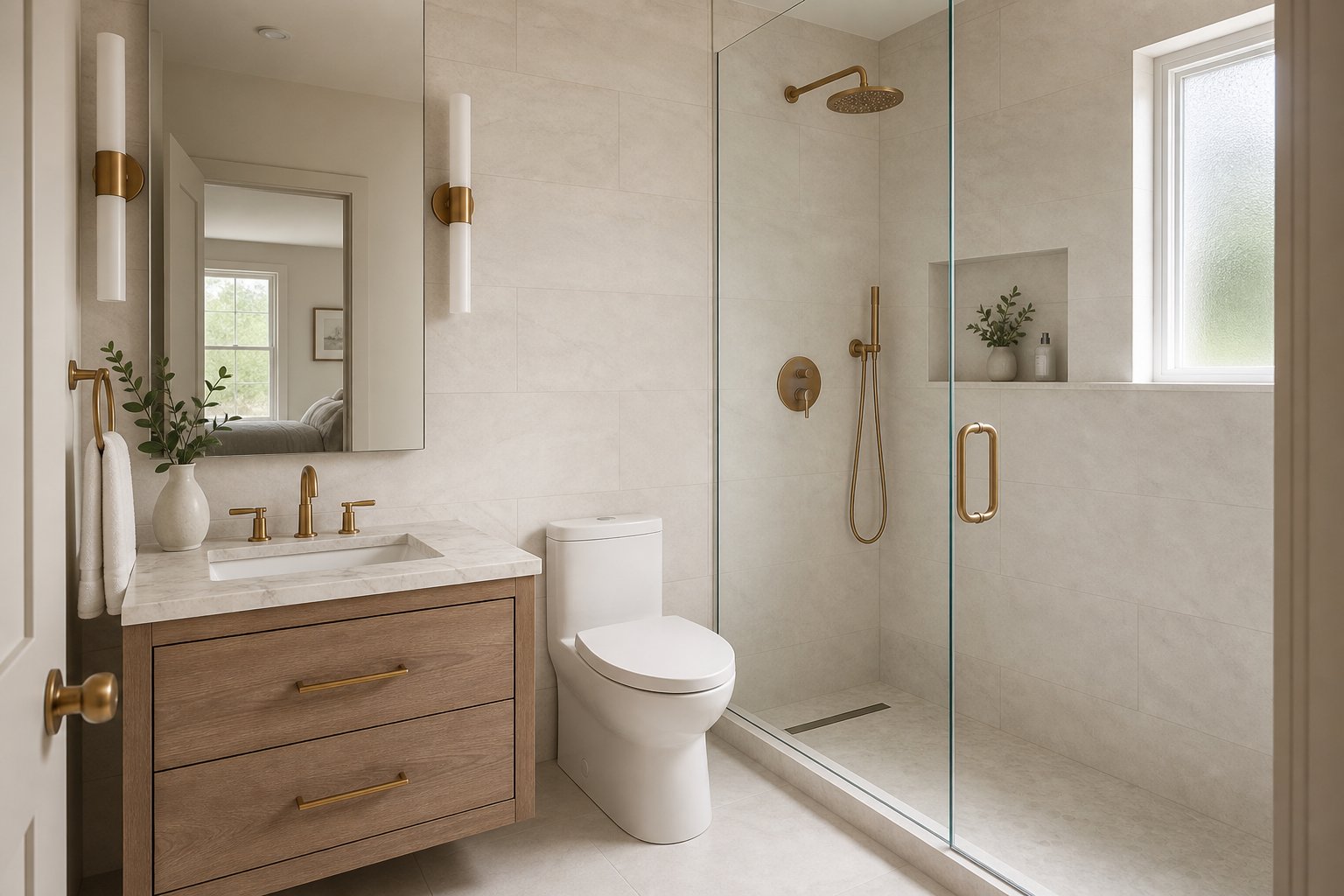 Small bathroom with large-format cream porcelain tile, frameless glass shower, and warm brass fixtures in Chester County PA home