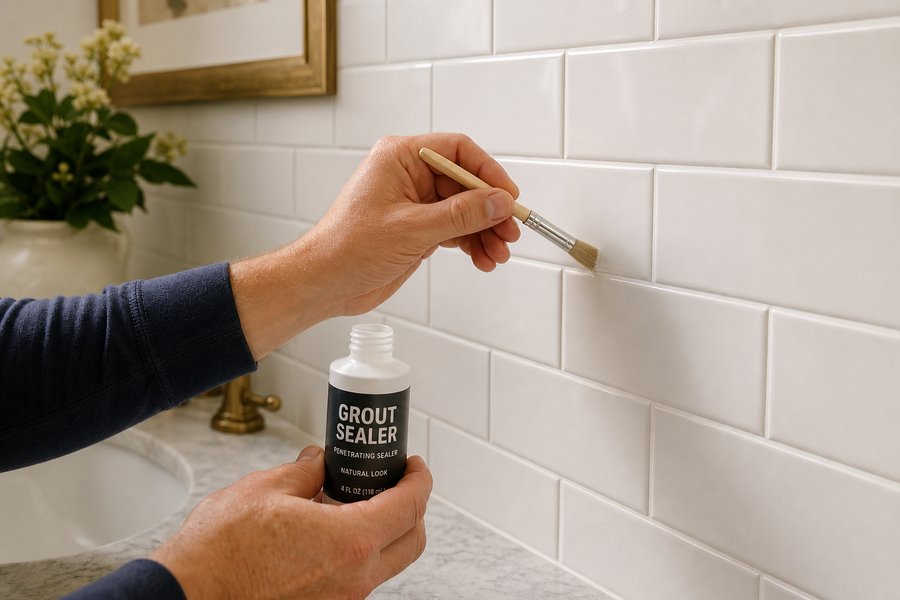 Applying grout sealer to bathroom tile in Chester County Pennsylvania home