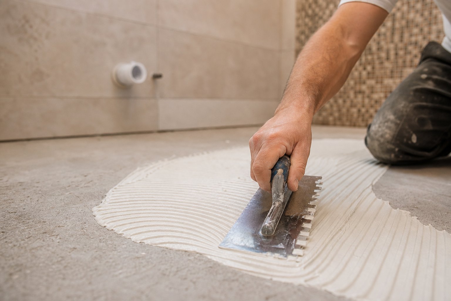 Tile installer applying thinset mortar to prepared substrate during tile repair in Chester County Pennsylvania
