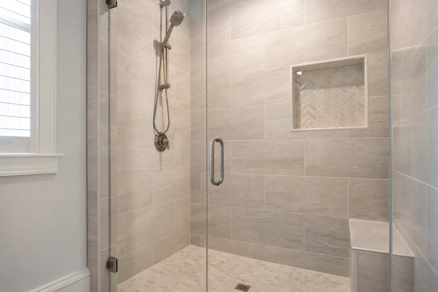 Beautifully restored tile shower with fresh grout in a Chester County PA home after professional tile restoration