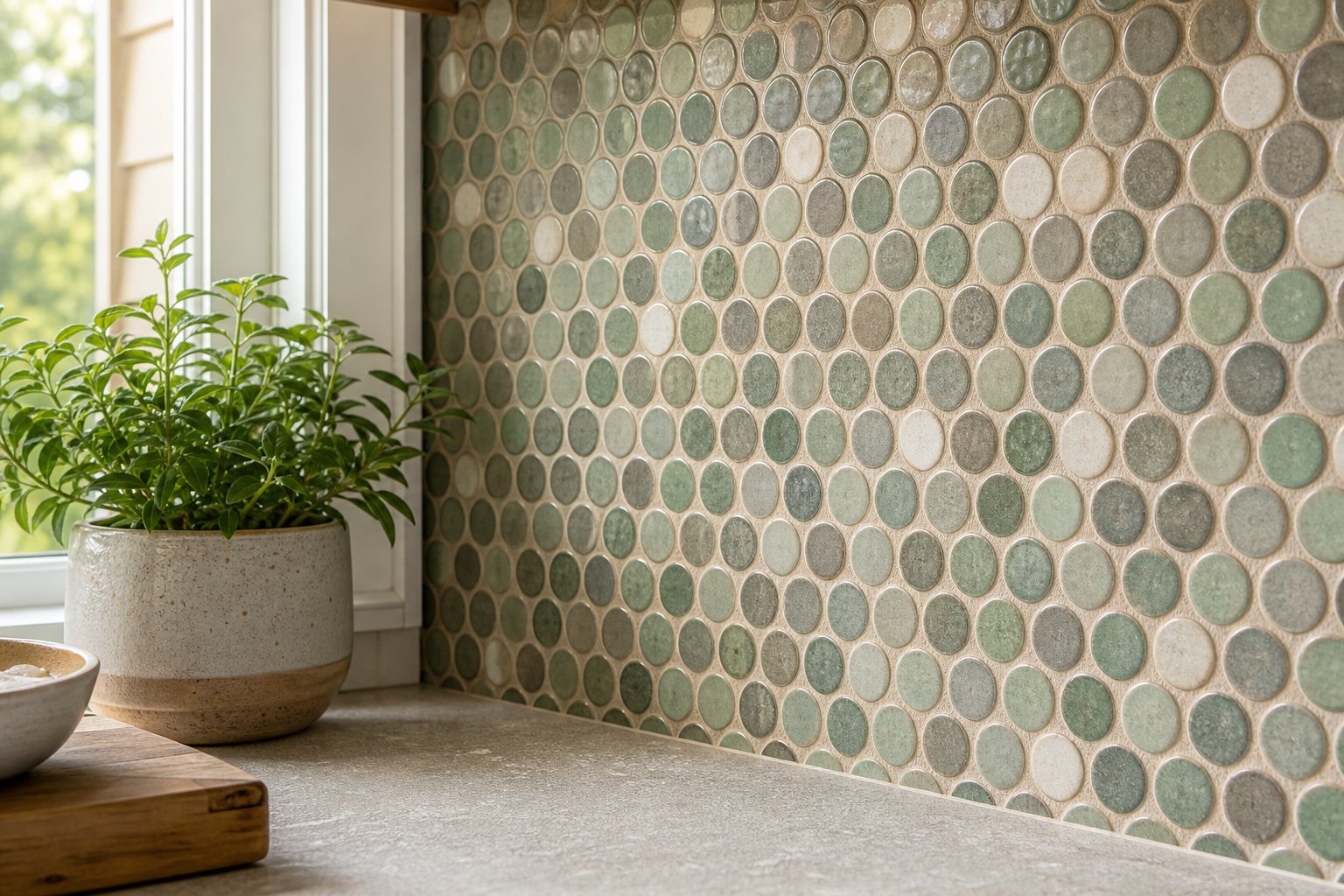 Colorful penny tile mosaic backsplash in sage green and cream tones in Chester County kitchen