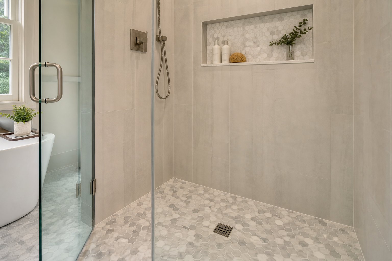 Hexagonal mosaic tile shower floor and niche in Chester County master bathroom