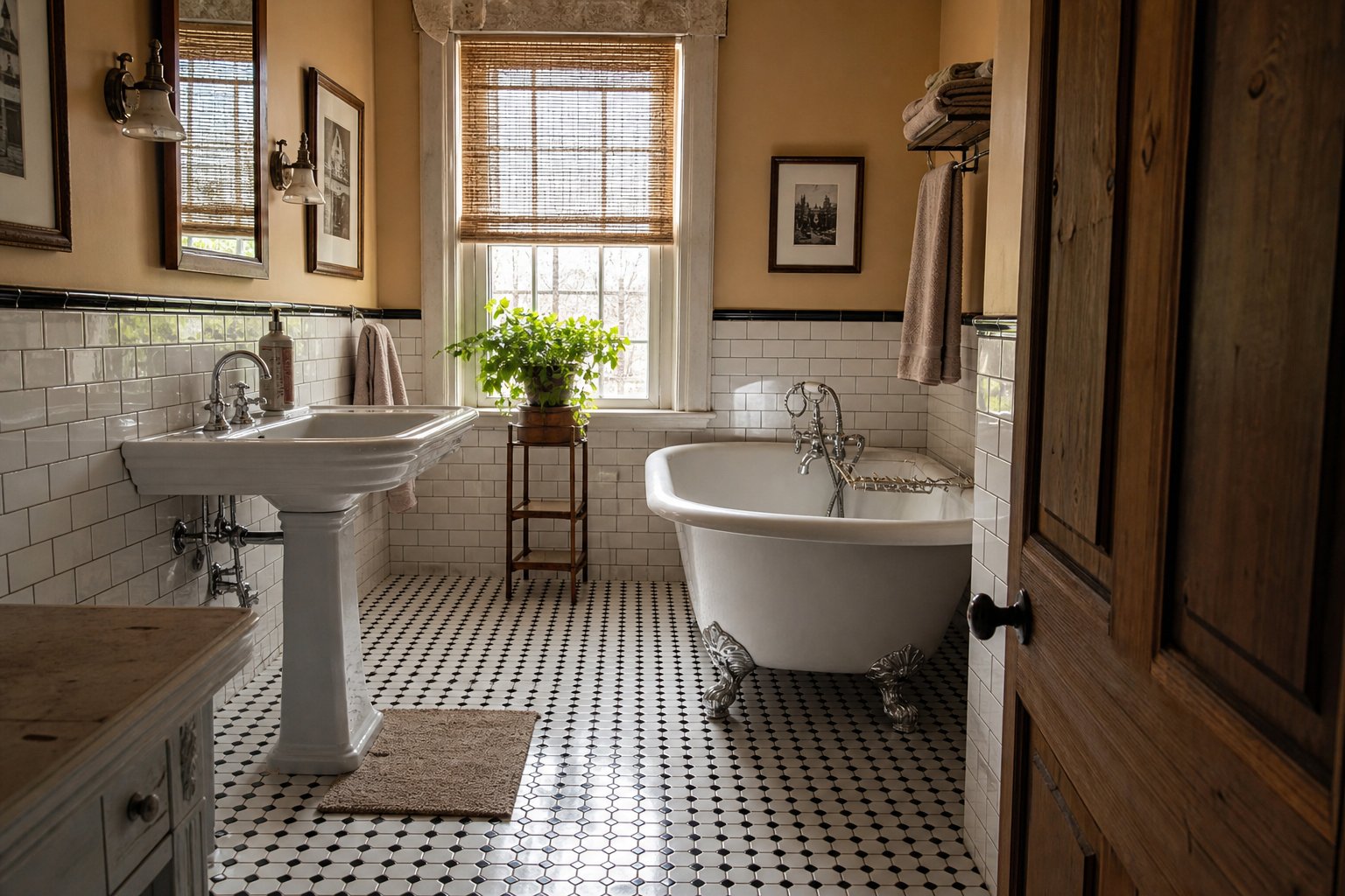 Restored vintage black-and-white hex tile bathroom in a Chester County PA historic home