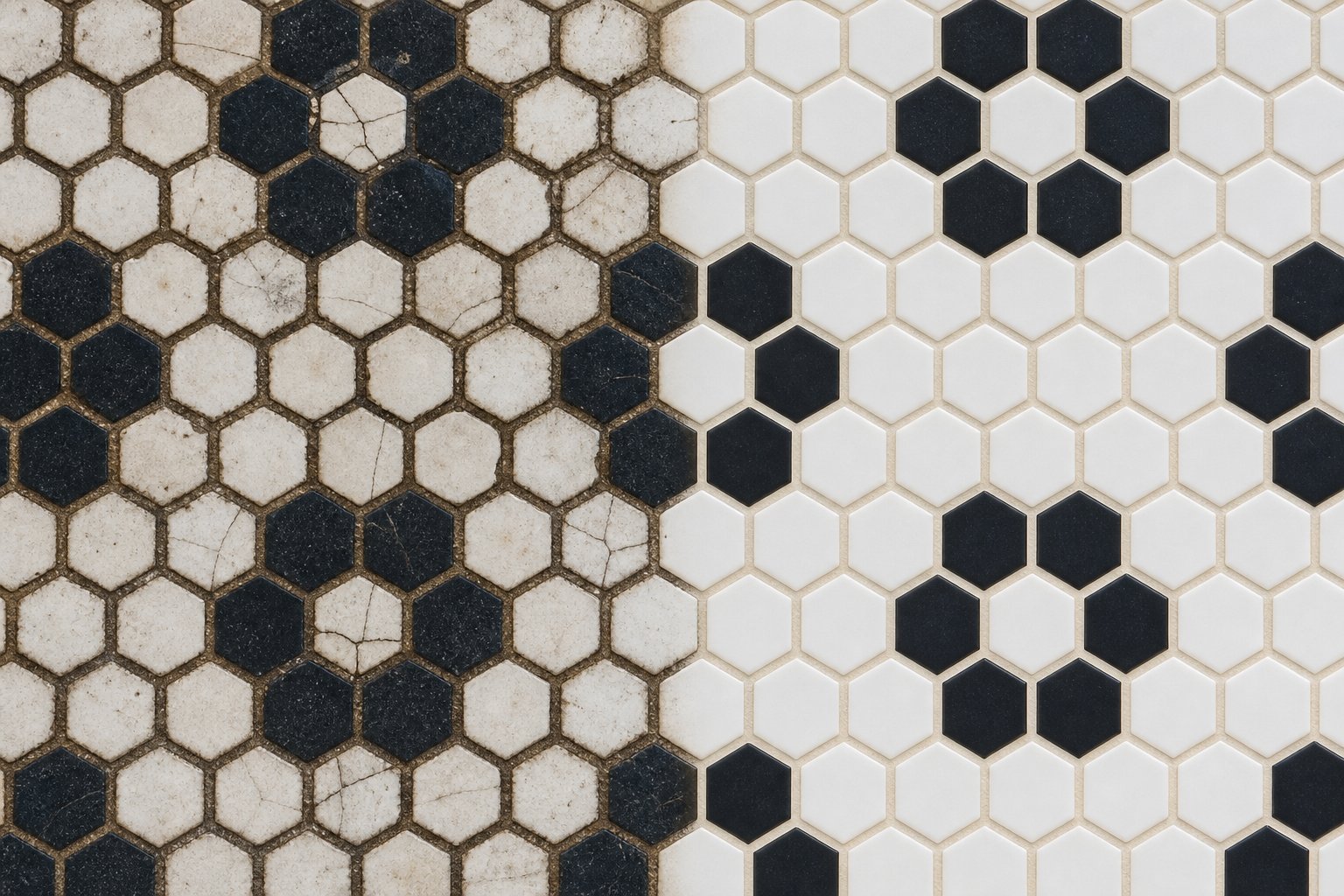 Before and after comparison of vintage penny hex tile floor restoration in Chester County