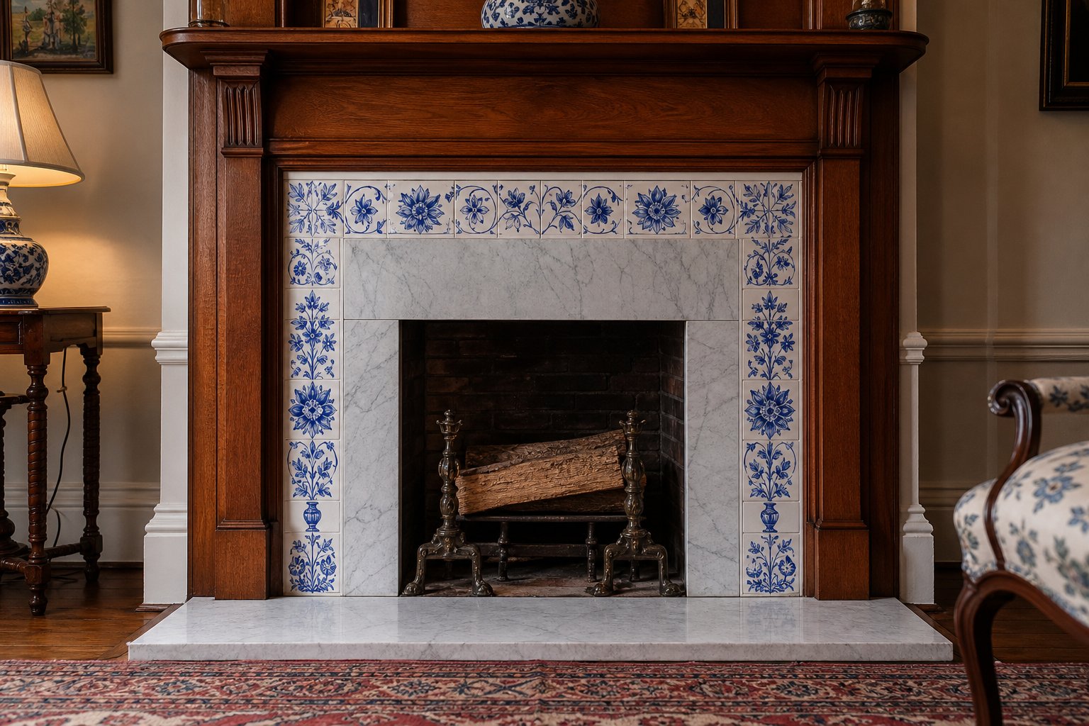 Restored Victorian fireplace tile surround with hand-painted blue and white ceramic tiles on the Main Line